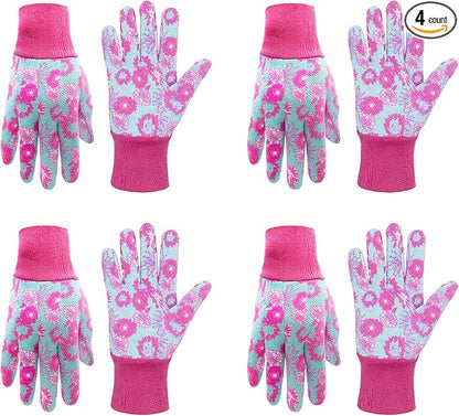 HANDLANDY 4 Pairs Women Garden Gloves, Cotton Ladies Soft Jersey Gardening Gloves with PVC Dots, Floral Yard Work Gloves