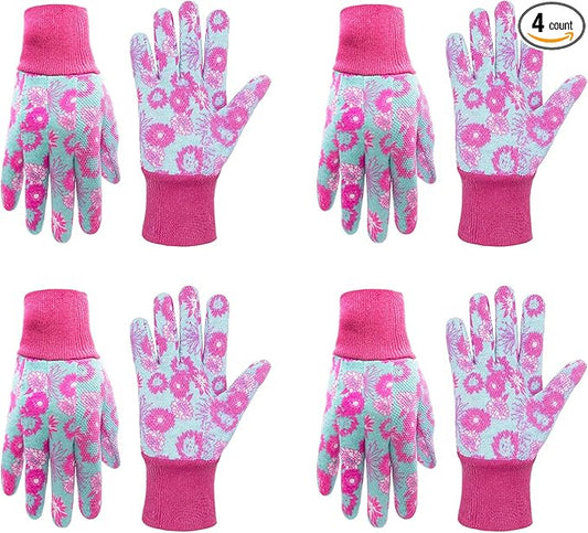 HANDLANDY 4 Pairs Women Garden Gloves, Cotton Ladies Soft Jersey Gardening Gloves with PVC Dots, Floral Yard Work Gloves