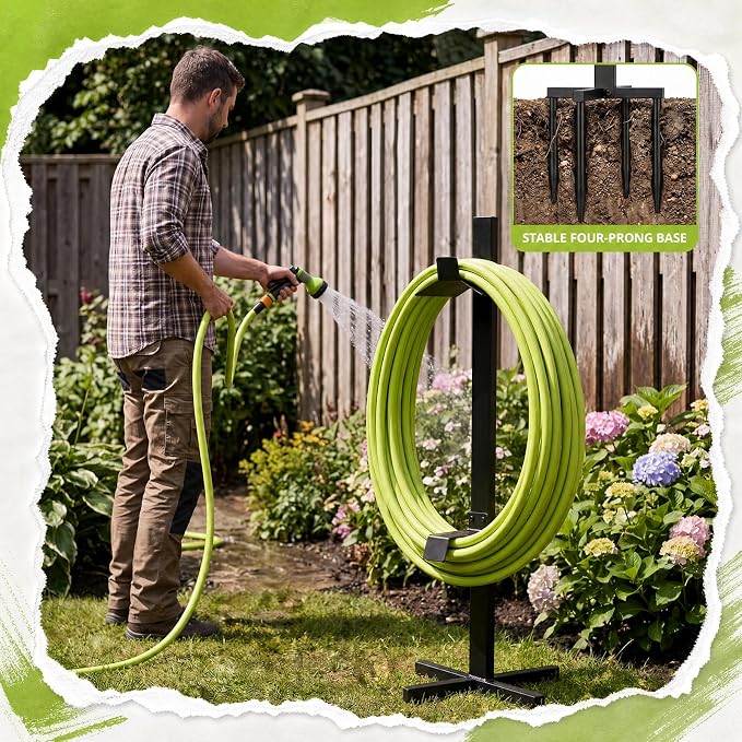Moxweyeni Garden Hose Reel Holder Stand with Ground Stakes, up to 150-ft Hoses, Detachable Metal Water Hose Holder, Heavy Duty Garden Storage Rack for Outside Yard Lawn