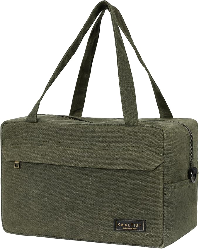 16OZ Waxed Canvas Tool Storage Bag, Heavy Duty Hand Tools Organizer with Hidden Zipper Pocket & 4 Internal Slots & Carrying Handle | Army Green | Multi-Purpose Tool Bag for Mechanic Electrics - S