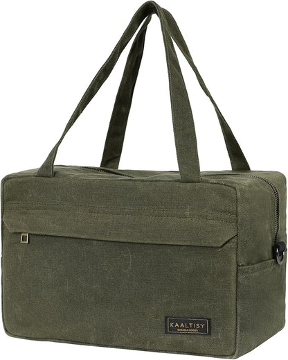 16OZ Waxed Canvas Tool Storage Bag, Heavy Duty Hand Tools Organizer with Hidden Zipper Pocket & 4 Internal Slots & Carrying Handle | Army Green | Multi-Purpose Tool Bag for Mechanic Electrics - S