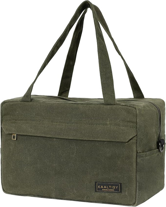 16OZ Waxed Canvas Tool Storage Bag, Heavy Duty Hand Tools Organizer with Hidden Zipper Pocket & 4 Internal Slots & Carrying Handle | Army Green | Multi-Purpose Tool Bag for Mechanic Electrics - S