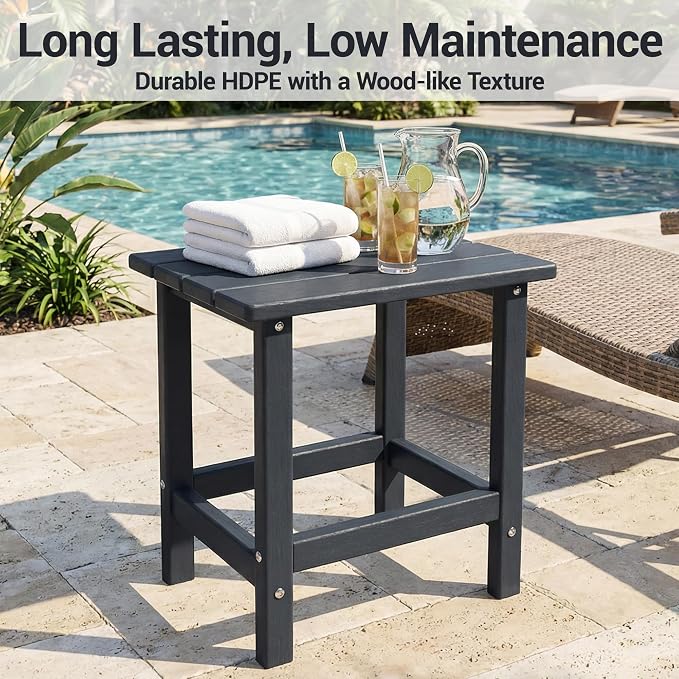 Outdoor Side Table, HDPE Waterproof Patio Side End Tables for Garden, Poolside, Balcony, Deck, Porch, Backyard, Outdoor or Indoor Use, Black, 17.5" L x 12.5" D x 16.5" H