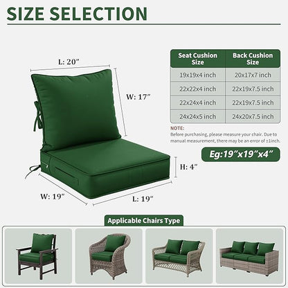 Premium Outdoor Seat Cushion Chair Cushions for Patio Furniture 19 L X 19 W X 4 H Waterproof & Fade Resistant Deep Seat and Backrest Cushion Set with Removable Covers for Chair, Sofa