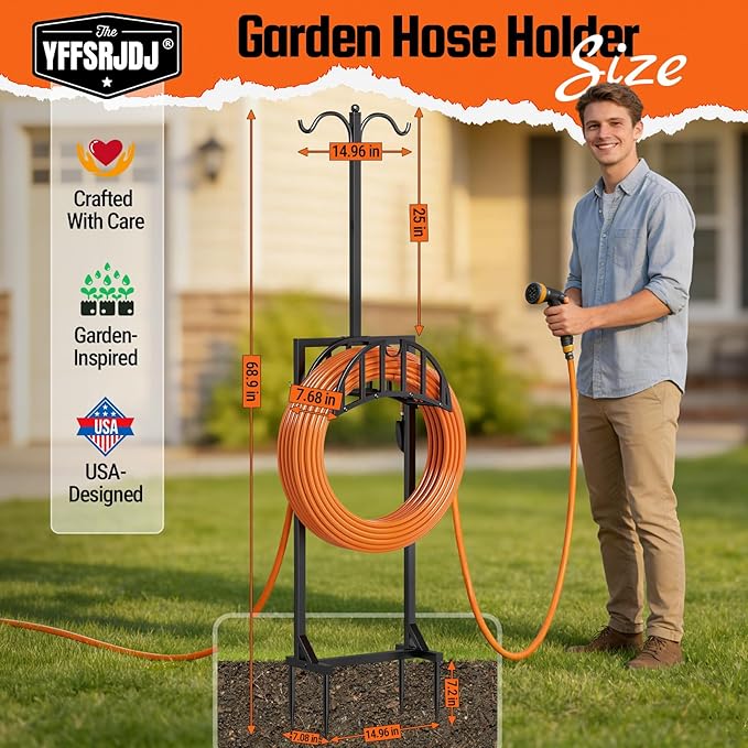 Garden Hose Reel Holder, Water Hose Stand for Outside with 4 Stake and 2 Shepherds Hooks, Freestanding Hose Storage Holds 150Ft, Heavy-Duty Metal Hose Hanger Rack for Yard, Lawn, Farm, Coffee