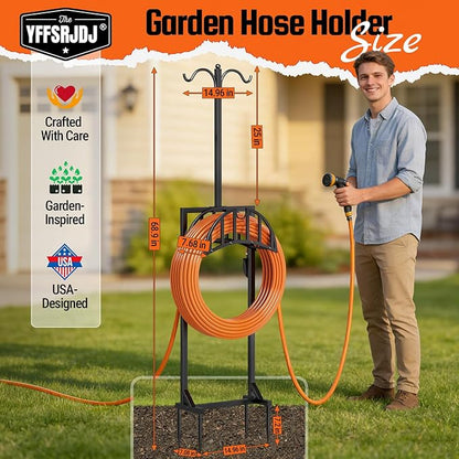 Garden Hose Holder, Water Hose Stand for Outside with 4 Stake and 2 Shepherds Hooks, Freestanding Hose Storage Holds 150Ft, Heavy-Duty Metal Hose Hanger Rack for Yard, Lawn, Farm