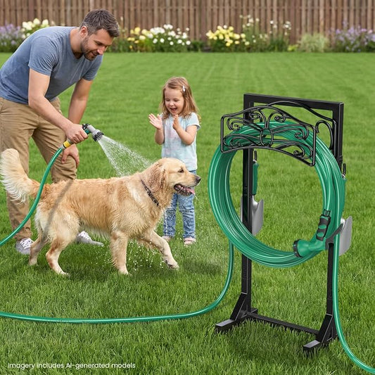 Sunvigor Freestanding Garden Hose Holder Stand, Heavy Duty Hose Reel Alternative with 2 Tool Hooks, Holds 150FT Water Hose, 4-Spike Stable Base, No-Drill Hose Storage for Outside Yard Lawn Garden