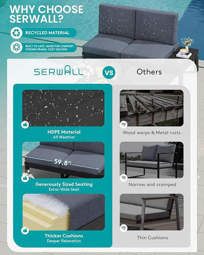 SERWALL HDPE Patio Furniture Set, All-Weather Modular Outdoor Conversation Furniture, Seats 8, Outdoor Sofa Set for Garden, Deck or Poolside, Black Frame with Grey Cushion
