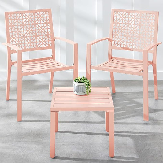 Best Choice Products 3-Piece Outdoor Bistro Set, Stackable Modern Steel Furniture for Porch, Garden w/ 2 Chairs, Table, Geometric Decor - Peach