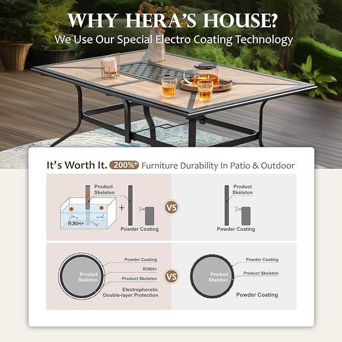HERA'S HOUSE Patio Table and Chairs Set, 60" Rectangular Outdoor PVC Table with Umbrella Hole, 7 Pieces Outdoor Dining Furniture Sets with 6 Patio Chairs for Backyard Lawn Garden Porch(Red)