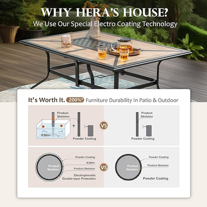 HERA'S HOUSE Patio Table and Chairs Set, 60" Rectangular Outdoor PVC Table with Umbrella Hole, 7 Pieces Outdoor Dining Furniture Sets with 6 Patio Chairs for Backyard Lawn Garden Porch(Red)