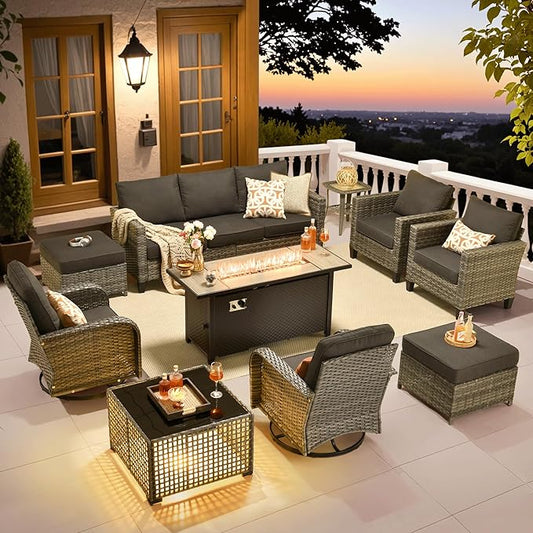 ovios 10 Pieces Patio Furniture Set, Outdoor Wicker Sofa Couch with Rocking Swivel Chairs Solar Lights Table Fire Pit, Modern Deep Seat Rattan Conversation Sets, Black