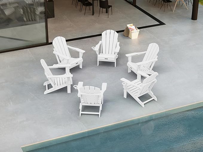 Ciokea Folding Adirondack Chair 6 Pack, Patio Adirondack Chair Weather Resistant, Plastic Fire Pit Chair with Cup Holder, Lawn Chair for Outdoor Porch Garden Backyard Deck (White)