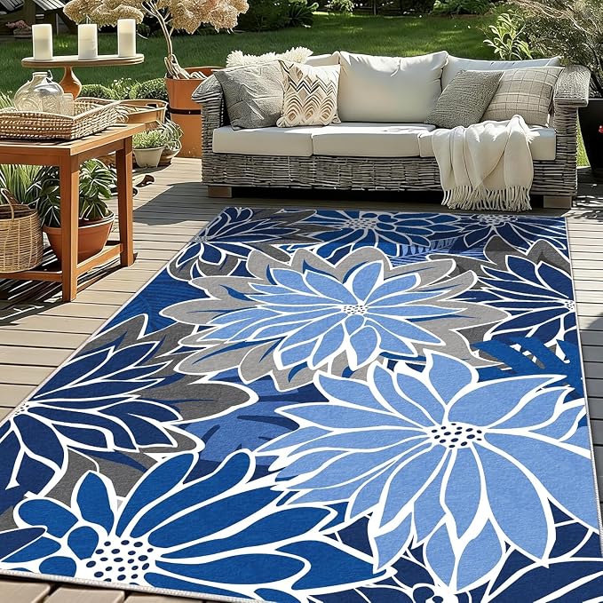 ZonLi Colorful Outdoor Rug 8x10Ft Waterproof Multicolored Indoor Area Rug Washable Outdoor Patio Rugs Tropical Floral Non Slip Outdoor Carpet for Living Room, Pool,Backyard,Deck,Camping