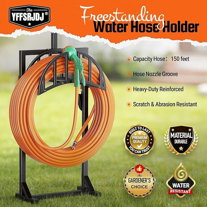 2 Pack Garden Hose Holder, Water Hose Stand for Outside with 4 Stake and 2 Shepherds Hooks, Freestanding Hose Storage Holds 150Ft, Heavy-Duty Metal Hose Hanger Rack for Yard, Lawn, Farm