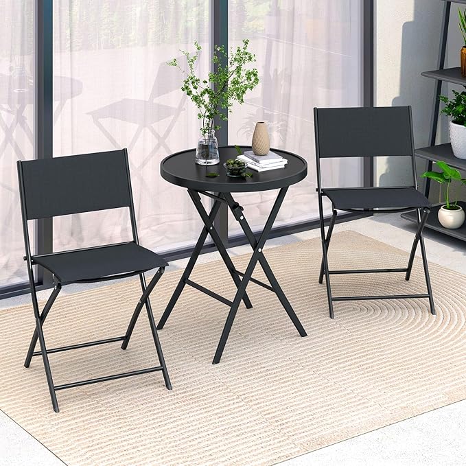 Tangkula 3 Piece Folding Bistro Set, Patio Dining Furniture with Breathable Fabric Seat & Tempered Glass Tabletop, Outdoor Metal Frame Table & Chairs Set for Backyard, Garden, Balcony