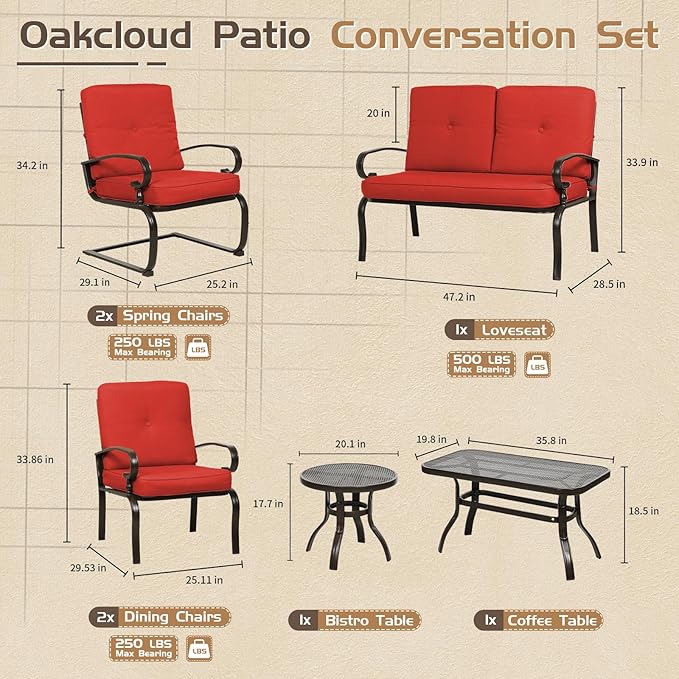 7-Piece Outdoor Metal Furniture Sets Patio Conversation Set, Wrought Iron Loveseat, 2 Dining Chairs, 2 Spring Chairs and Coffee Table, Red
