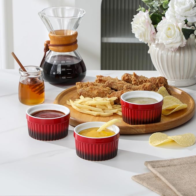 MALACASA Ramekins 4 oz Oven Safe, Small Ceramic Souffle Dishes for Creme Brulee Souffle, Stoneware Custard Cups Ramiken for Baking, Baking Bowls Dipping Sauce Dish Set of 6, Red, Series RAMEKIN-DISH
