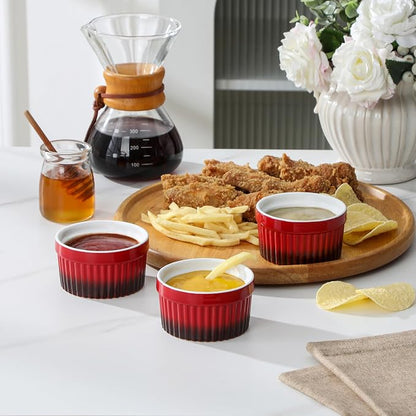 MALACASA Ramekins 4 oz Oven Safe, Small Ceramic Souffle Dishes for Creme Brulee Souffle, Stoneware Custard Cups Ramiken for Baking, Baking Bowls Dipping Sauce Dish Set of 6, Red, Series RAMEKIN-DISH