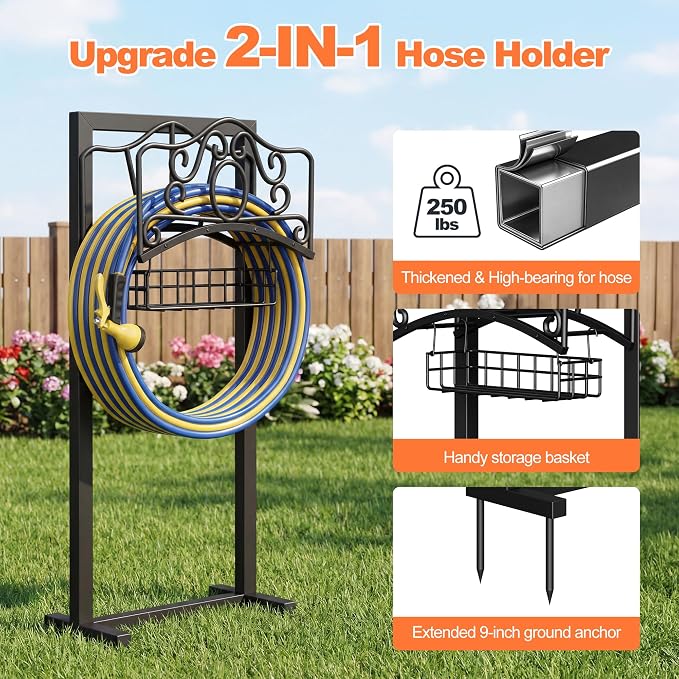 Garden Hose Holder, Upgraded Heavy Duty Water Hose Holder Stand with Storage Basket Holds 160FT, Freestanding Hose Hanger for Garden, Black