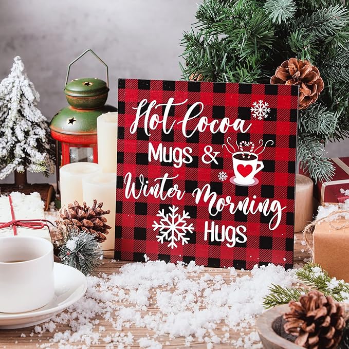 Blulu Christmas Hanging Wooden Sign Christmas Coffee Bar Decor Wood Candy Cane Hot Cocoa Sign Door Hanging Plaque for Xmas Winter Holiday Kitchen Home Wall Decoration(Plaid)