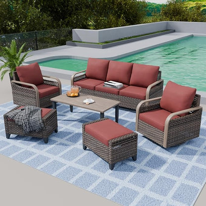 COOS BAY Modern Wicker Outdoor Furniture Set, Patio Conversation Set with Swivel Rockers, 3 Seat Couch, Ottomans, and Coffee Table, 6 Piece, Brown/Red