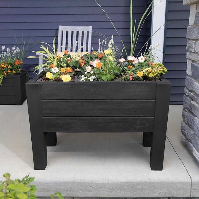 Step2 Lakewood Raised Planter Box™, Large Planter for Outdoor Plants, Gardening and Flower Pot for Patio or Porch, Easy Drainage, Durable Plastic, Black