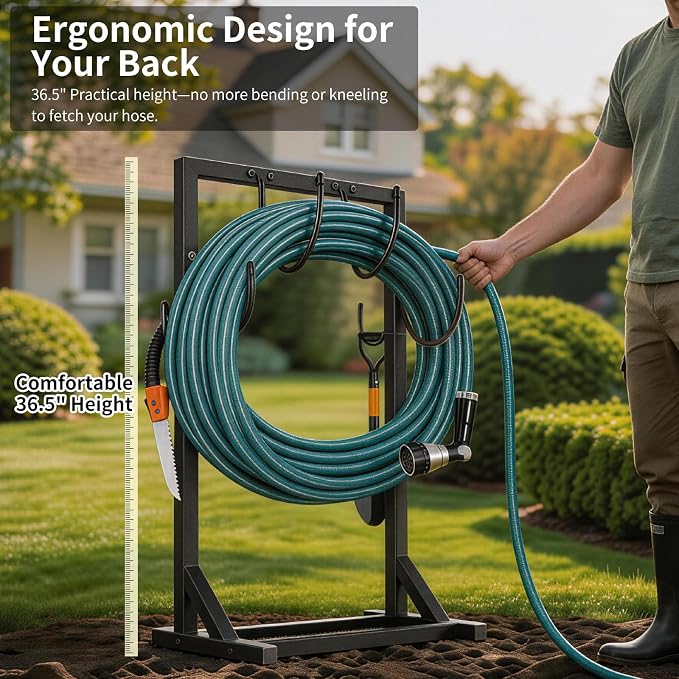 Garden Hose Holder Stand, BOLITE Heavy Duty Metal Hose Hanger, Holds 150ft | Freestanding & Detachable Water Hose Holder for Outside, 4 Spikes & 2 Tool Hooks, Storage Rack for Outside Yard Lawn Farm
