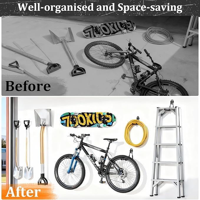 Housolution Steel Garage Hooks - 30Pack Anti-Slip Coating, Heavy Duty Wall Mount Hooks for Bikes, Garden Tools, Ladders, Hose, Bulk Items Ropes, Garage Tool Organizer with Extension Cord Wrap, Black