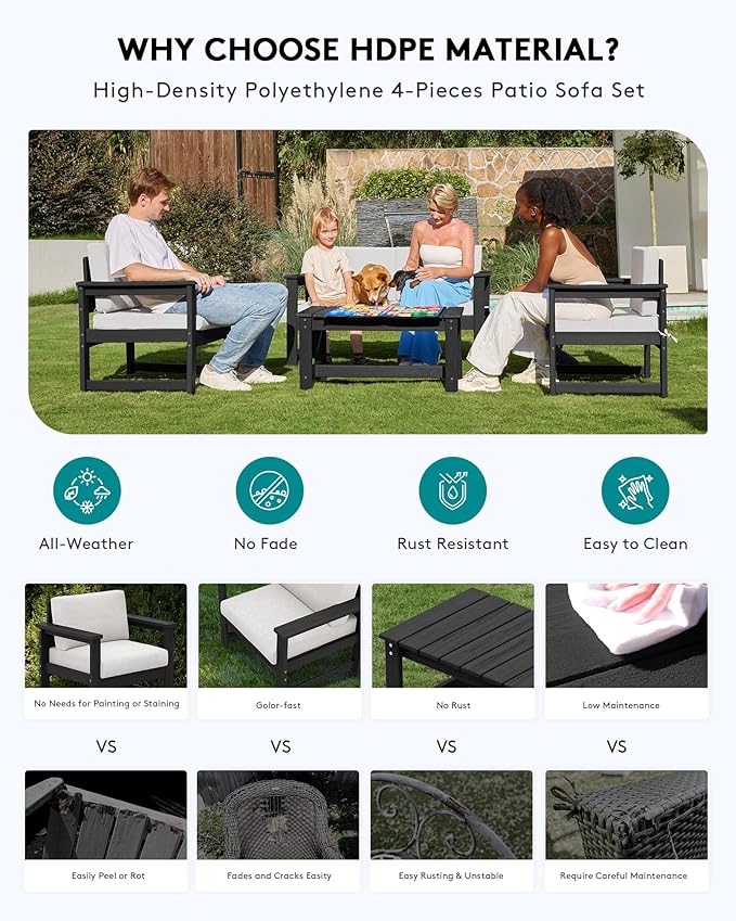 SERWALL 2 Pieces Single Cushioned Sofa Armchair, Black HDPE Adirondack Outdoor Sofa Lounge with Khaki Cushion