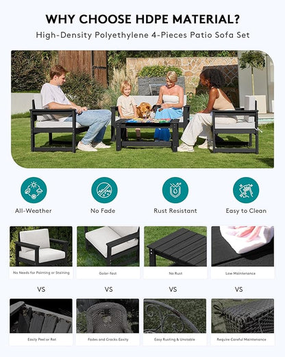 SERWALL 2 Pieces Single Cushioned Sofa Armchair, Black HDPE Adirondack Outdoor Sofa Lounge with Khaki Cushion