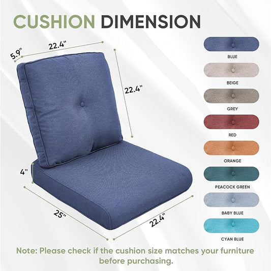 Outdoor Chair Cushion Set, 25 x 22 Deep Seat Cushion, Patio Chair Cushions for Outdoor, Include 1 Seat Cushion and 1 Back Cushion, Blue