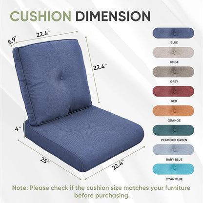 Outdoor Chair Cushion Set of 3, Waterproof Outdoor Seat Cushions 25x22, Patio Chair Cushions for Outdoor Furniture, Couch Cushion Replacement, Include 3 Back & 3 Seat Cushions, Button/Blue