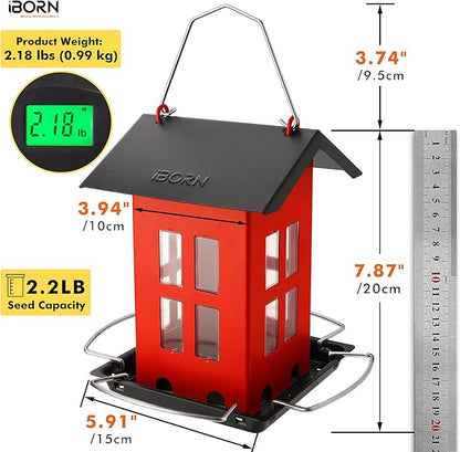 iBorn Bird Feeder House, Metal Bird Feeders for Outdoors Hanging,Double-Sided Metal Hanger & Weatherproof, Easy to Clean & Refill, 2.2 Lbs Capacity, Red