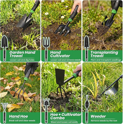 Velway Garden Tools Set -11-Piece Heavy Duty Hand Tool Kit with Ergonomic Handles, Rust-Proof, Carry Tote Bag – Gardening Gifts for Women & Men (Green)