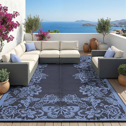 Garvee Outdoor Rugs 9' x 12’ Waterproof Reversible Mats, Large Area Plastic Straw Rug, Outside Carpet, Butterfly Floral Rv Mat for Patio Camping Picnic Backyard Deck Balcony Porch Beach Trailer