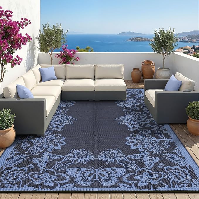 Garvee Outdoor Rugs 8’x10’ Waterproof Reversible Mats, Large Area Plastic Straw Rug, Outside Carpet, Butterfly Floral Rv Mat for Patio Camping Picnic Backyard Deck Balcony Porch Beach Trailer