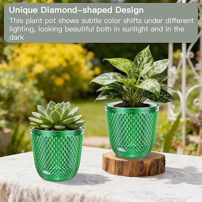 QCQHDU 2 Pack Self Watering Pots, 7.2 Inch Flower Pots with Drainage Holes and Water Filling Port, Plastic Garden Planter for Indoor Outdoor Plants (Emerald)