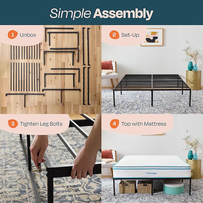 Linenspa Heavy Duty Metal Platform Bed Frame - No Box Spring Needed - Underbed Storage - Simple Toolless Assembly - 14” High - Sturdy - Steel Slats - Sleek Modern Design - California King Size