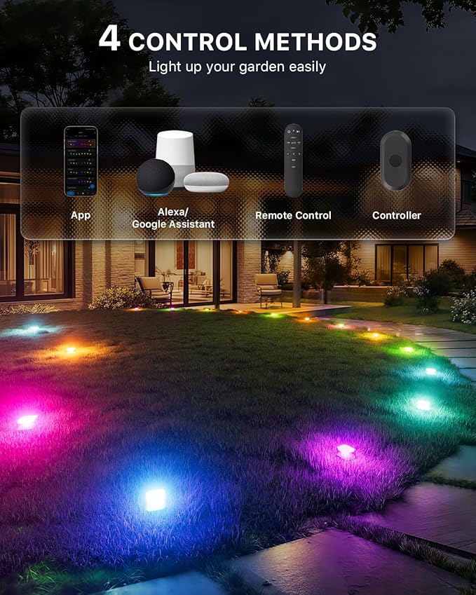 REYLAX 50FT Outdoor Ground Lights 15 Pack, RGB Garden Lights with Warm White and Cool White, IP67 Waterproof Pathway Light, Music Sync Timing, App & Remote Control, Works with Alexa Google Assistant