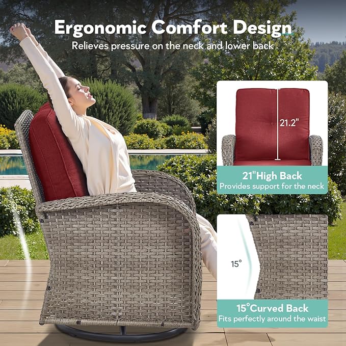 7 Piece Patio Furniture Set with Fire Pit Table - Wicker Patio Conversation Set with 4 Swivel Glider Chairs and 2 Tempered Glass Side Tables for Deck Backyard - Grey Wicker Red Cushion