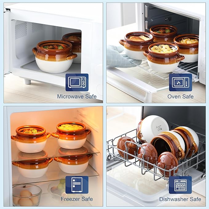 LOVECASA 22 OZ French Onion Soup Bowls with Lid, Porcelain Soup Crocks with Handles,Oven Safe Serving Bowls for Soup, Beef Stew, Cereal, Pot Pies, lasagna,Chilli,Set of 4