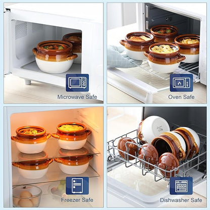 LOVECASA 22 OZ French Onion Soup Bowls with Lid, Porcelain Soup Crocks with Handles,Oven Safe Serving Bowls for Soup, Beef Stew, Cereal, Pot Pies, lasagna,Chilli,Set of 4