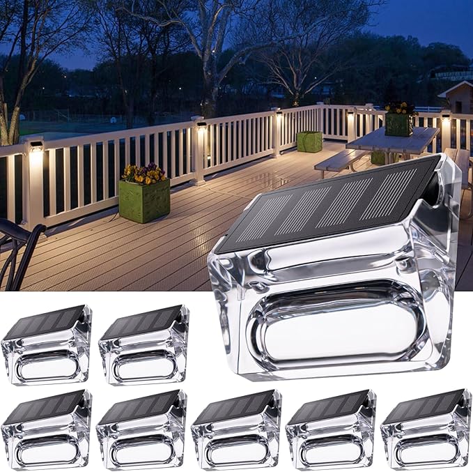 Qualdout Solar Outdoor Lights, 8 Pack Solar Fence Deck Lights, Waterproof Outside Lighting for Step Railing Wall Pool Stair Yard Garden Patio Pool Decorations (Warm White)