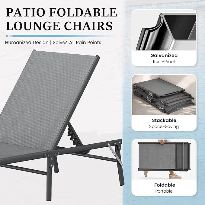 UDPATIO Foldable Patio Lounge Chair Sets with Side Table, No Assembly Outdoor Chaise Lounge with 5-Positions, Poolside Lounge Chairs with Portable Design for Pool, Beach, Deck, Backyard-Gray