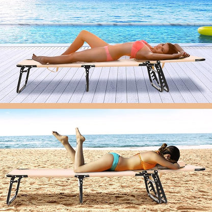 Folding Beach Lounge Chair w/ 5 Adjutable Backrest & Padded Pillow, Sunbathing Lounger Chair, Sun Tanning Lay Flat Chair for Seaside Pool Deck, Max Load 330 LBS, No Assembly Required (Beige)
