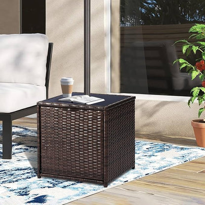 SUNNYPARK Outdoor Umbrella Side Table with 2 Weight Bags, 2-in-1 Patio Table with Umbrella Hole, All-Weather Handwoven PE Rattan Umbrella Base Stand for Deck Yard Garden Balcony Poolside