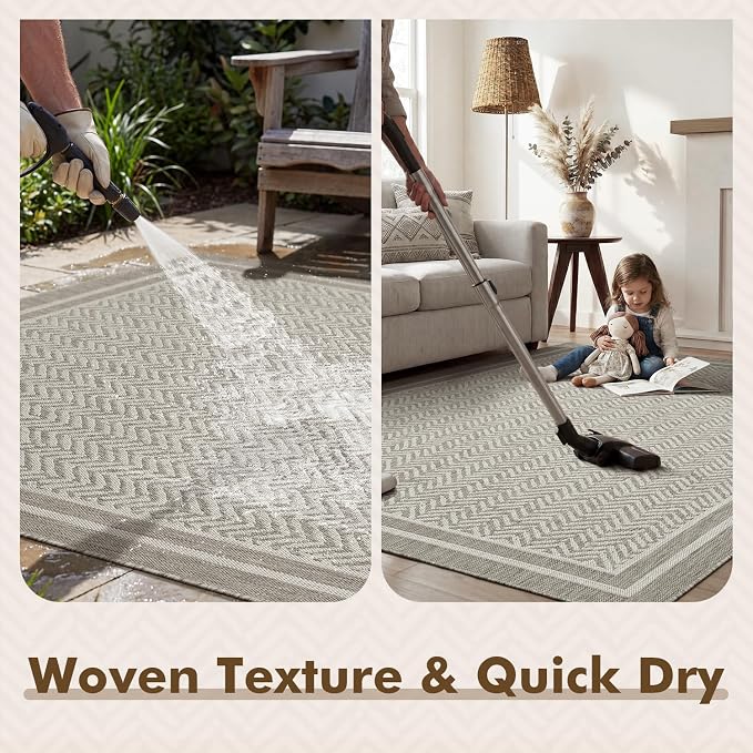 MontVoo-Outdoor Rug-Patio Rug 5x7 Polypropylene Indoor Outdoor Rugs Outdoor Carpet for Patio Deck Balcony Porch, Textured Weave, Durable for High Traffic, Fade-Resistant, Boho Farmhouse Silver Grey