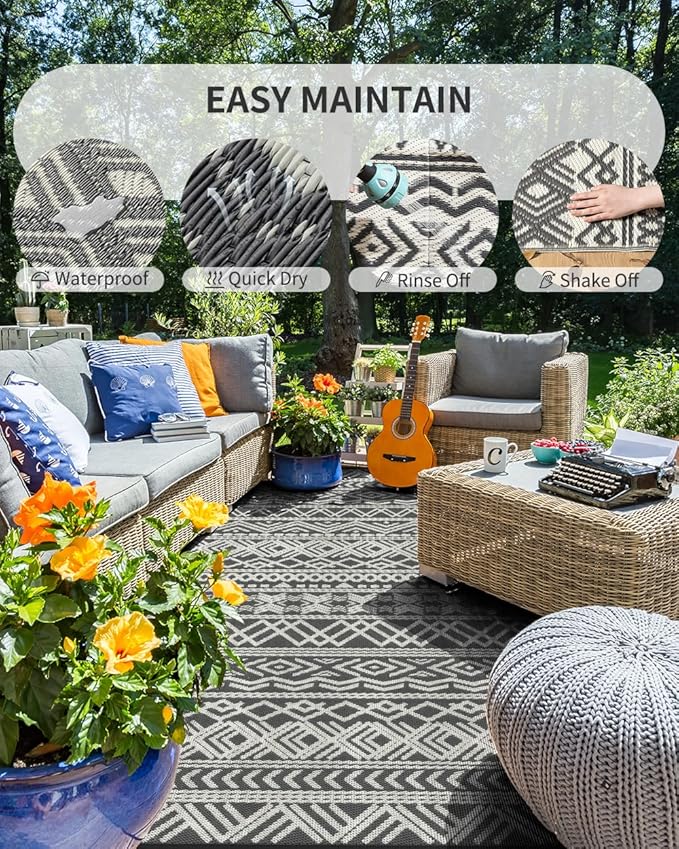 MontVoo Outdoor Rug Carpet Waterproof 5x8 Outdoor Patio Rug Mat Reverisble Plastic Straw Outdoor Rug for RV Camping Picnic Beach Balcony Boho Grey