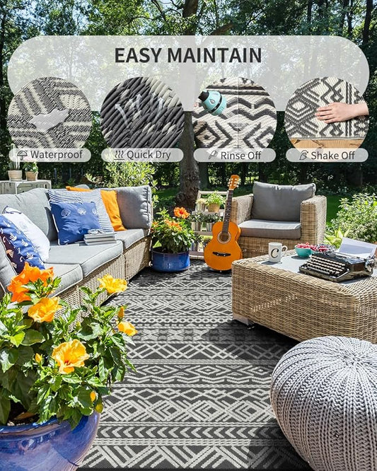 MontVoo Outdoor Rug Carpet Waterproof 5x8 Outdoor Patio Rug Mat Reverisble Plastic Straw Outdoor Rug for RV Camping Picnic Beach Balcony Boho Grey